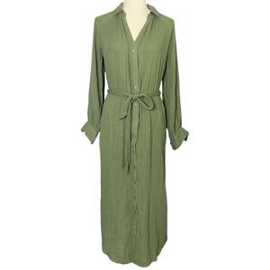 Old Navy Green Gauze Button Front Belted Midi Dress Small Collared Shirt Classic